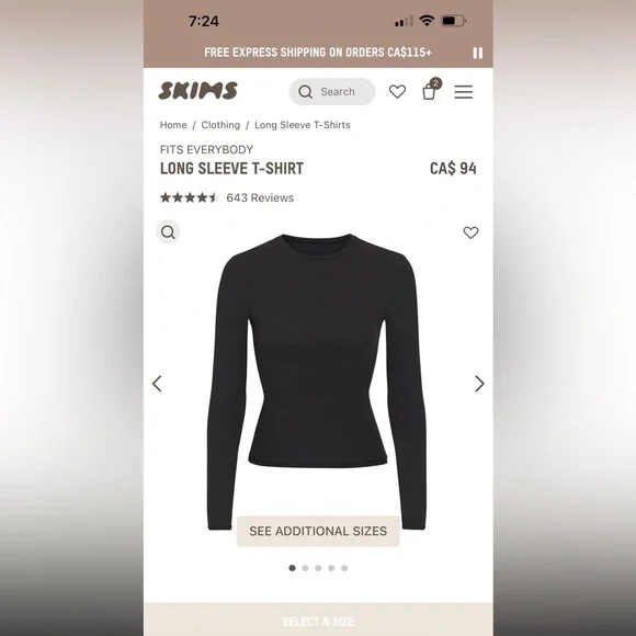 SKIMS FITS EVERYBODY SIZE SMALL IN BLACK LONG SLEEVE TSHIRT NEW WITHOUT TAGS - Picture 1 of 3